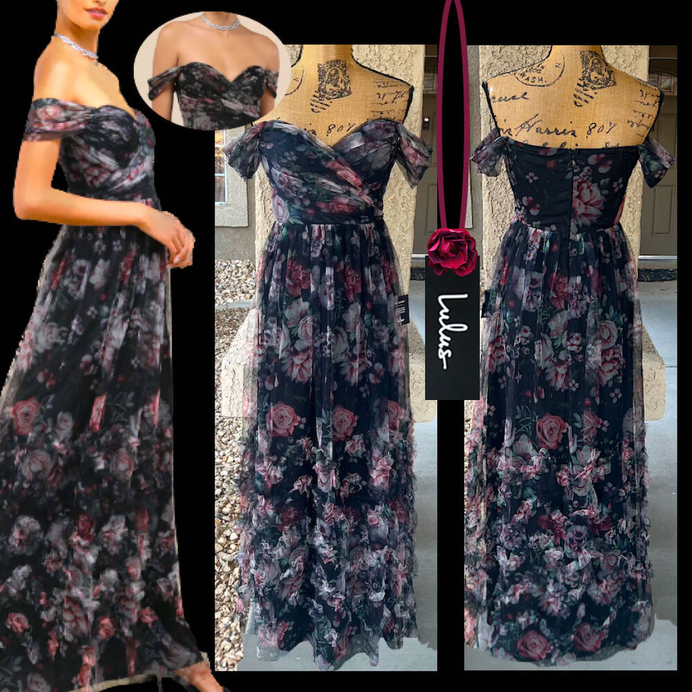 Lulus Black Floral Mesh Off-the-Shoulder Ideal Beauty Maxi Dress Size Small